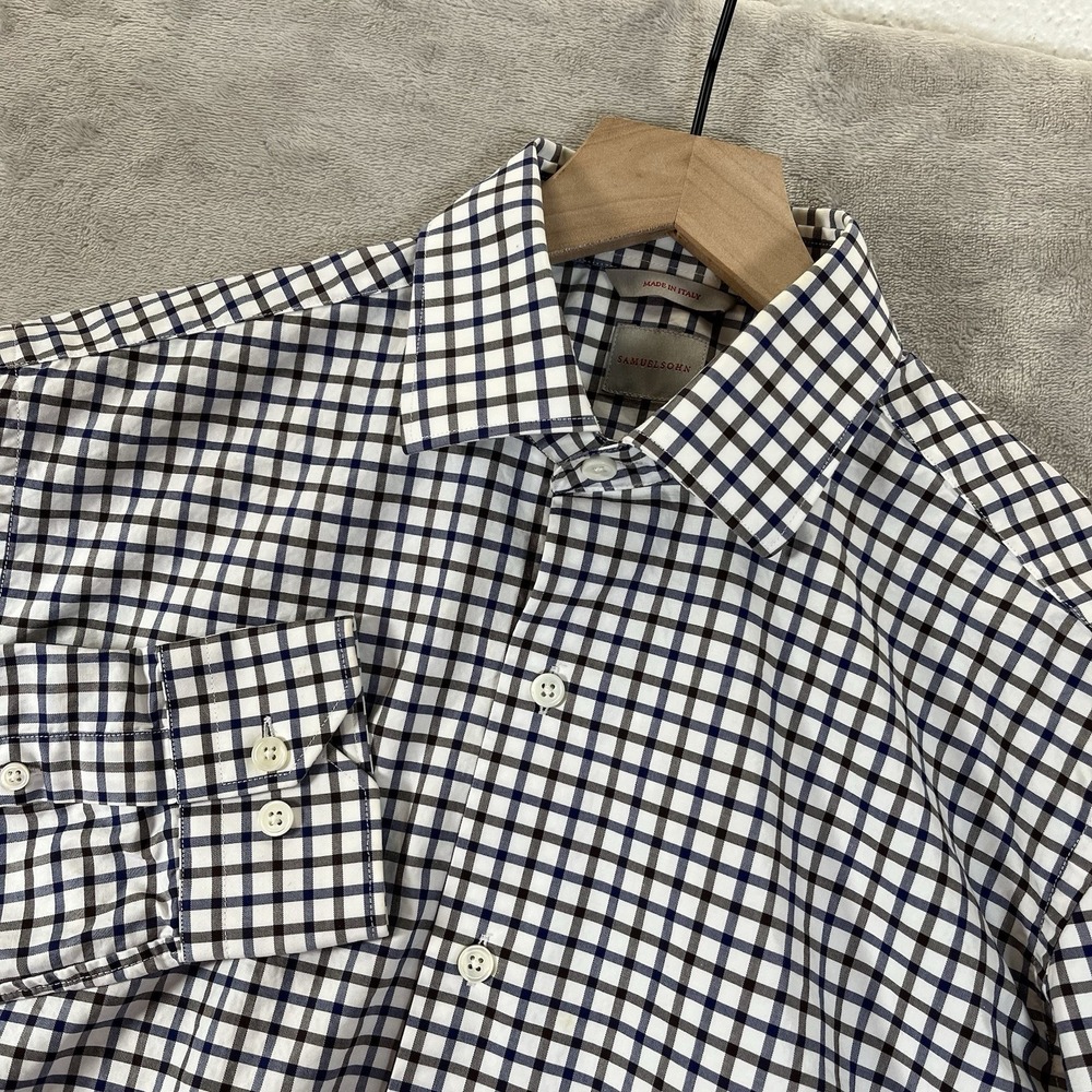 Samuelsohn‎ Shirt Mens Large Blue White Black Check Button-Up Cotton